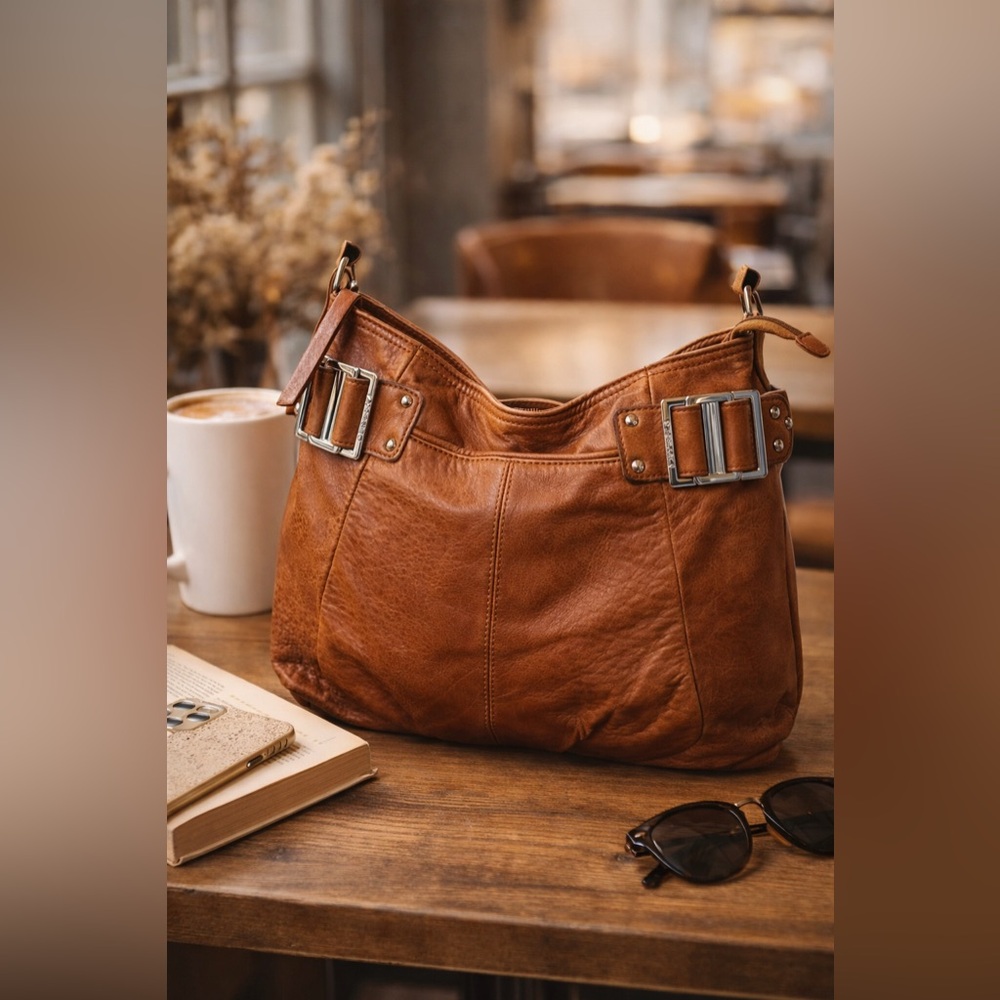 Perlina NY Brown Leather Hobo Bag, SUPER Soft Slouch Shoulder W/Buckle Accent - Picture 2 of 14